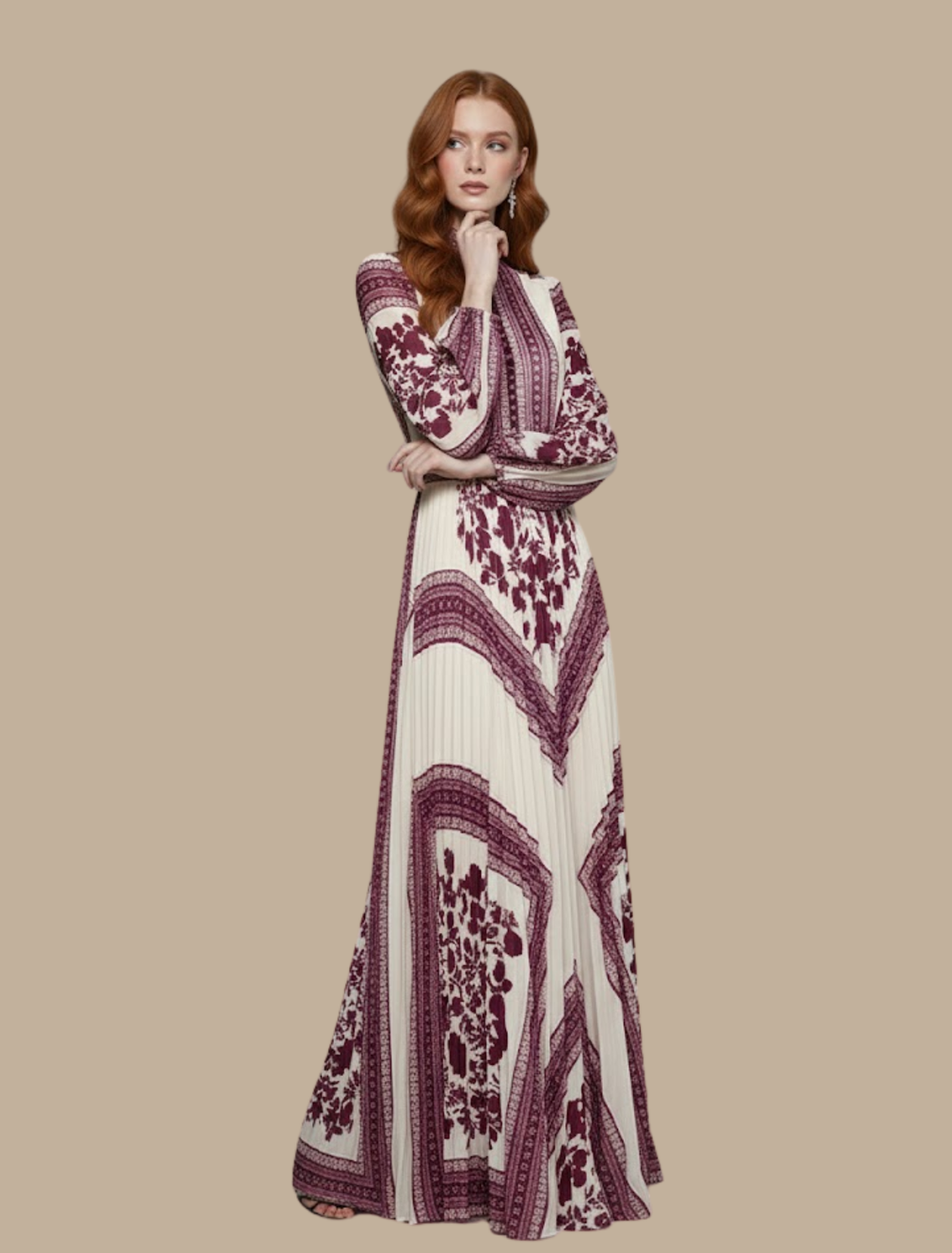 Corinne pleated maxi evening dress, front view