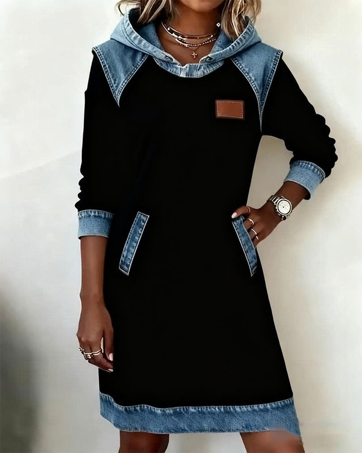 Solange denim dress with hood, front view