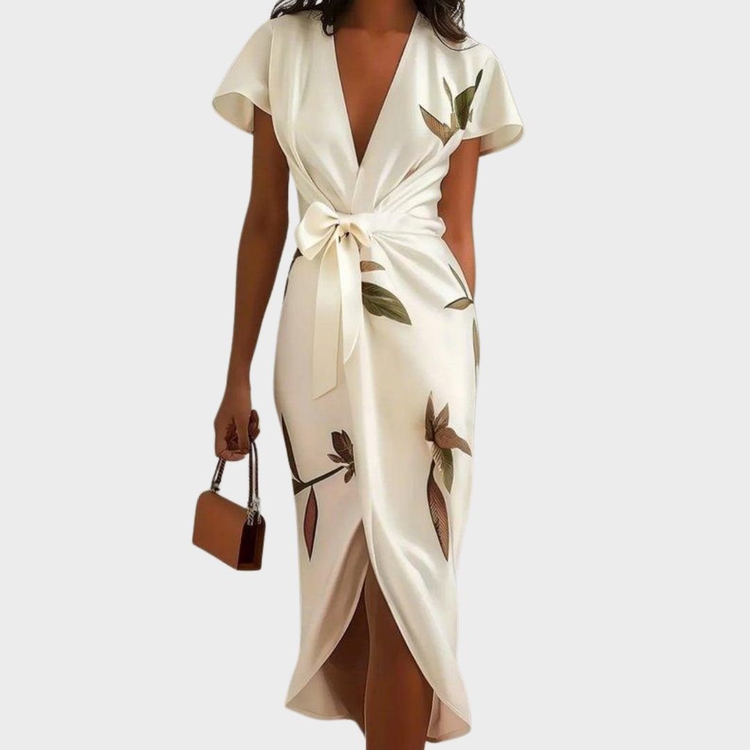Amandine wrap dress with tie waist, front view