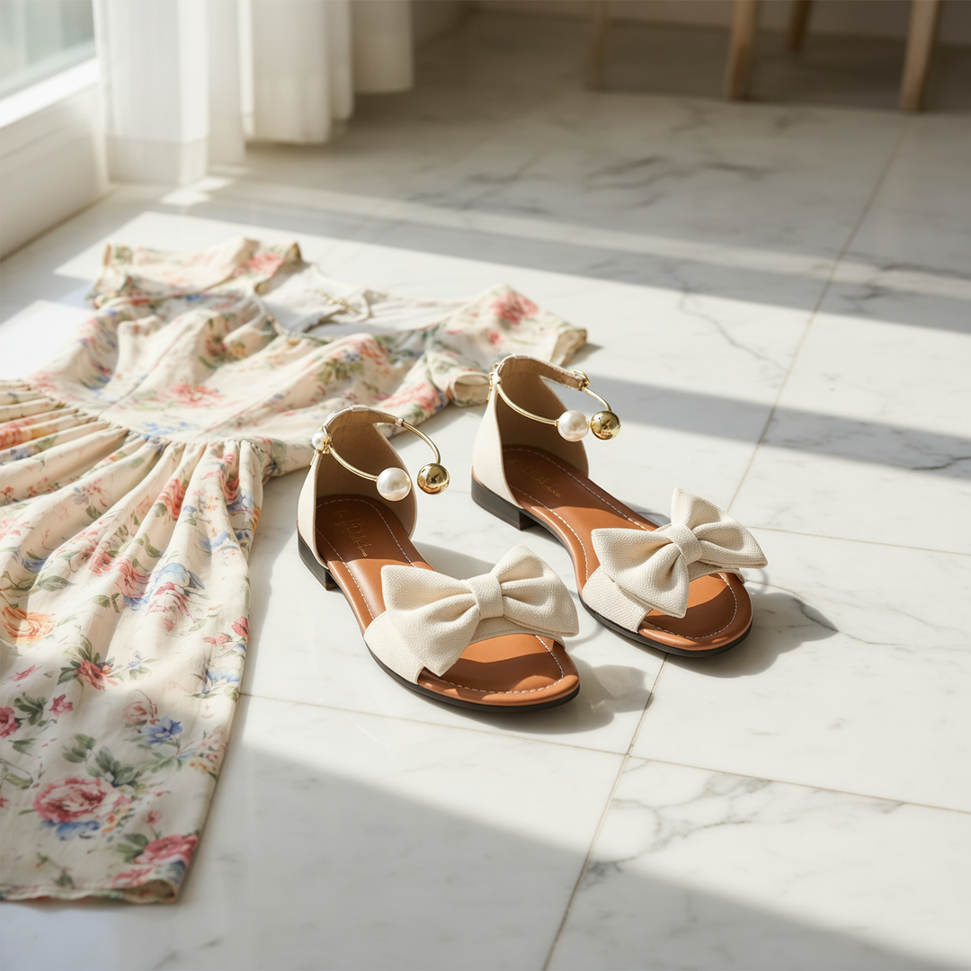 Vennla | Bow Flat Sandals with Pearl Ankle Cuff in product view 4
