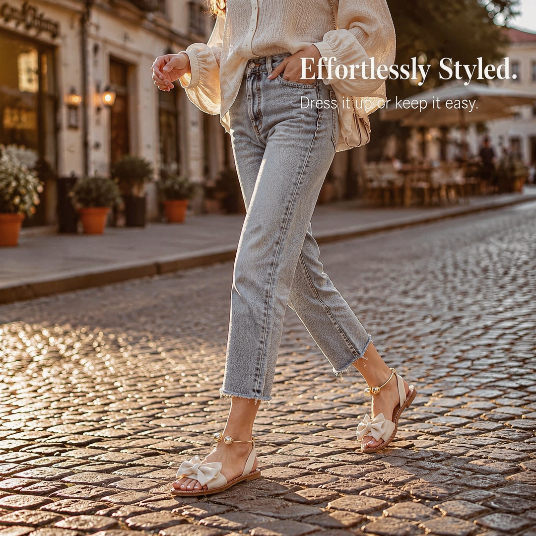 Vennla | Bow Flat Sandals with Pearl Ankle Cuff in product view 6
