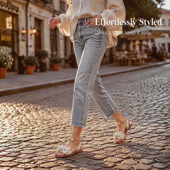 Vennla | Bow Flat Sandals with Pearl Ankle Cuff in product view 6