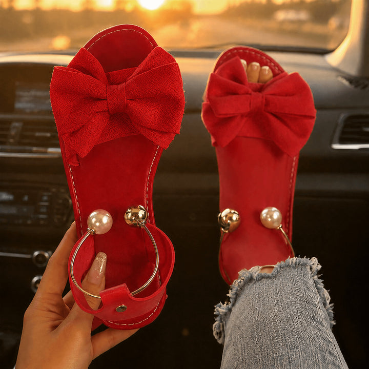 Vennla | Bow Flat Sandals with Pearl Ankle Cuff in product view 14