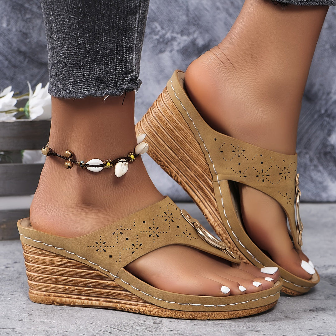 Beige platform wedge sandal side profile