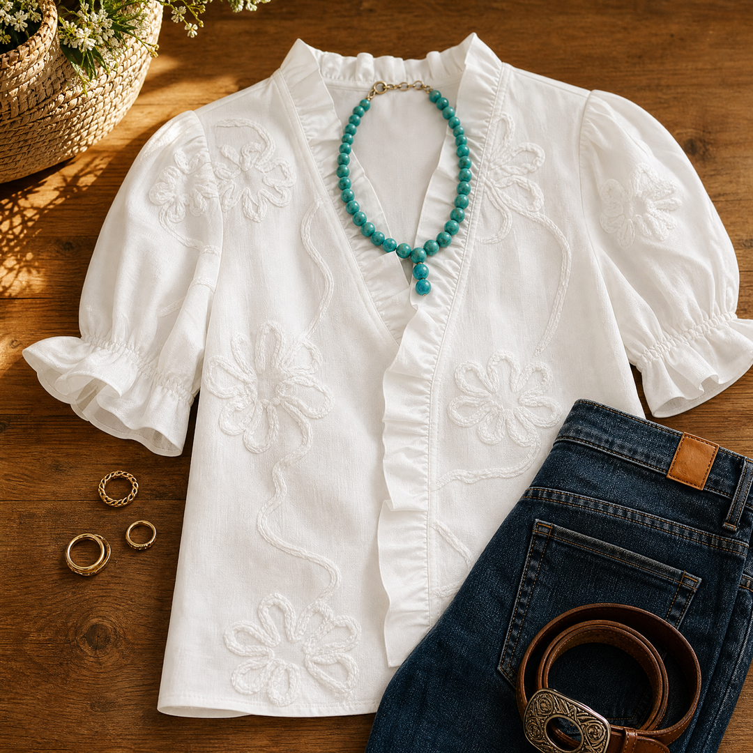 Brinley | Floral Embroidered Puff Sleeve Blouse in product view 4