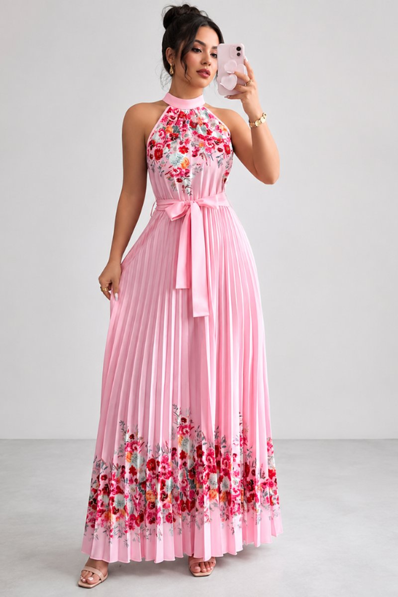 Luna | Floral Pleated Halter Evening Gown Midi Dress in product view 1