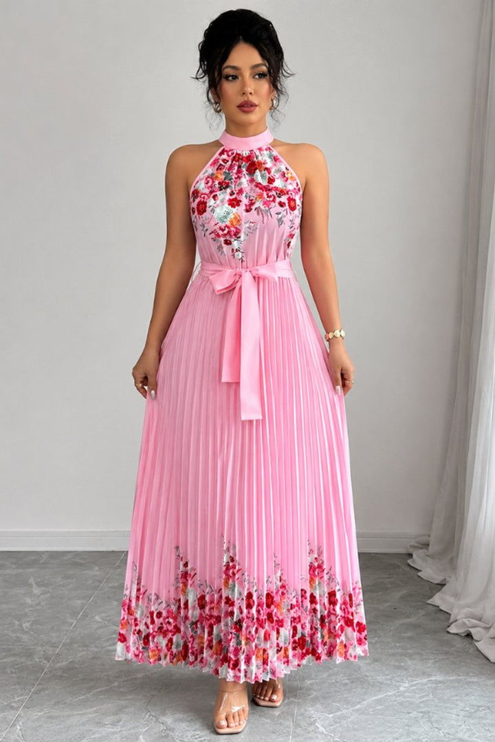 Luna | Floral Pleated Halter Evening Gown Midi Dress in product view 2