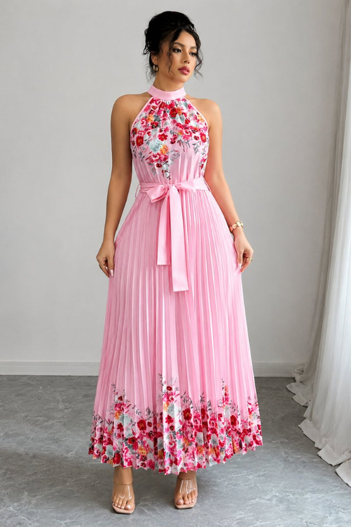 Luna | Floral Pleated Halter Evening Gown Midi Dress in product view 3