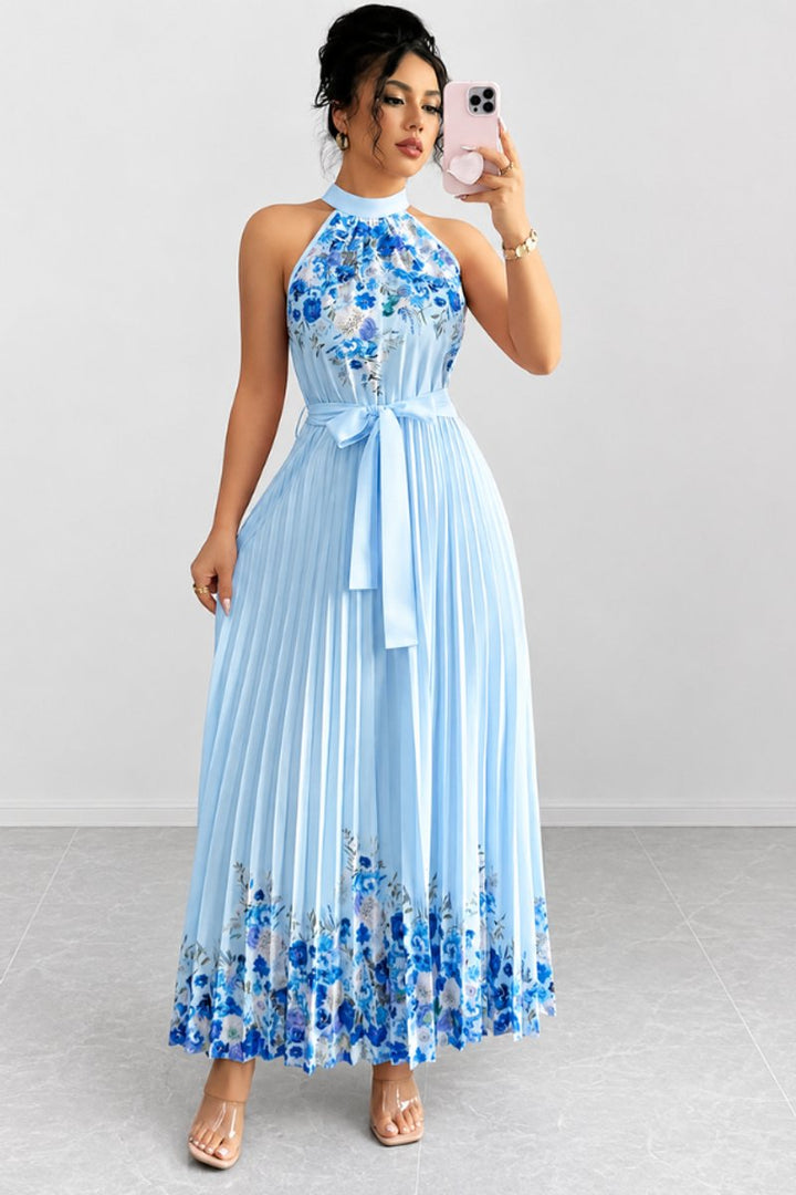 Luna | Floral Pleated Halter Evening Gown Midi Dress in product view 4