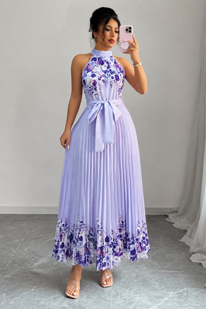 Luna | Floral Pleated Halter Evening Gown Midi Dress in product view 5
