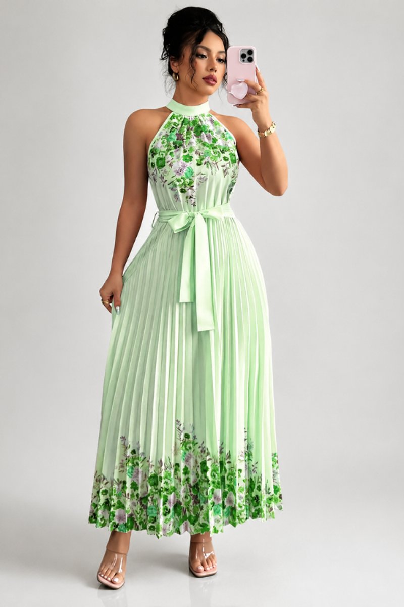 Luna | Floral Pleated Halter Evening Gown Midi Dress in product view 6