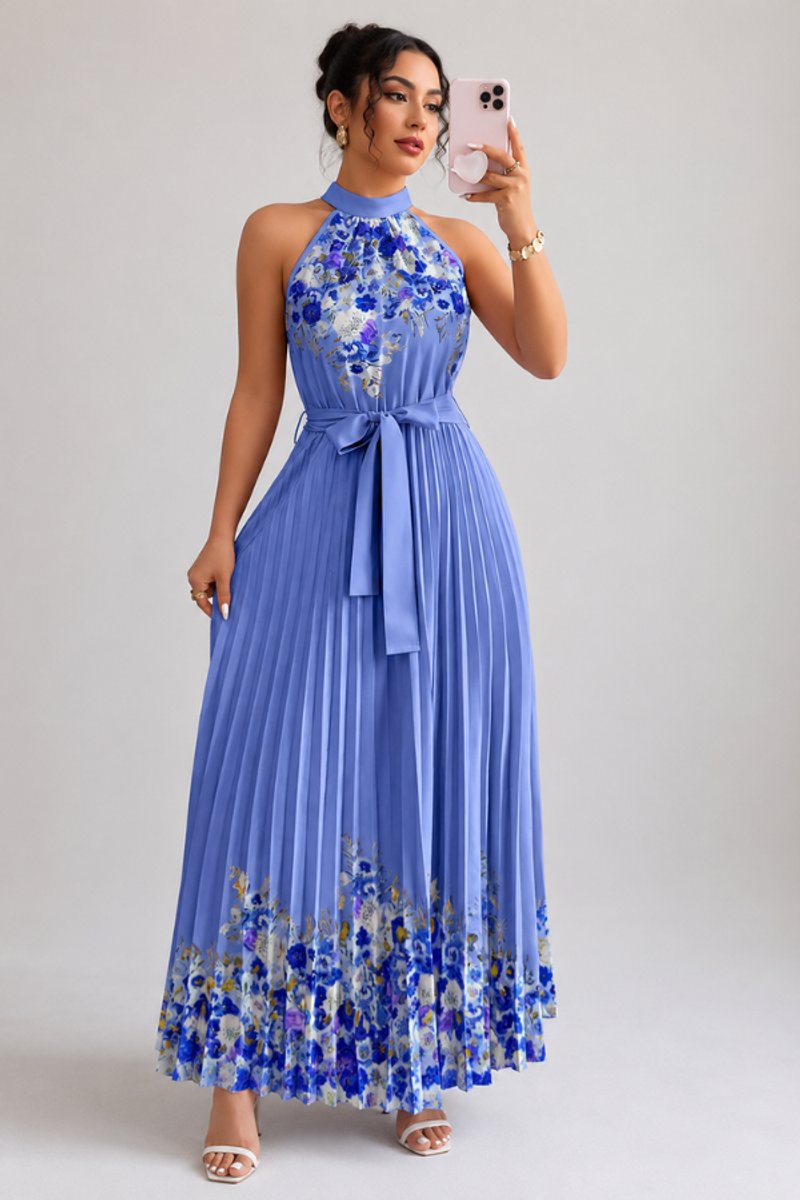 Luna | Floral Pleated Halter Evening Gown Midi Dress in product view 7