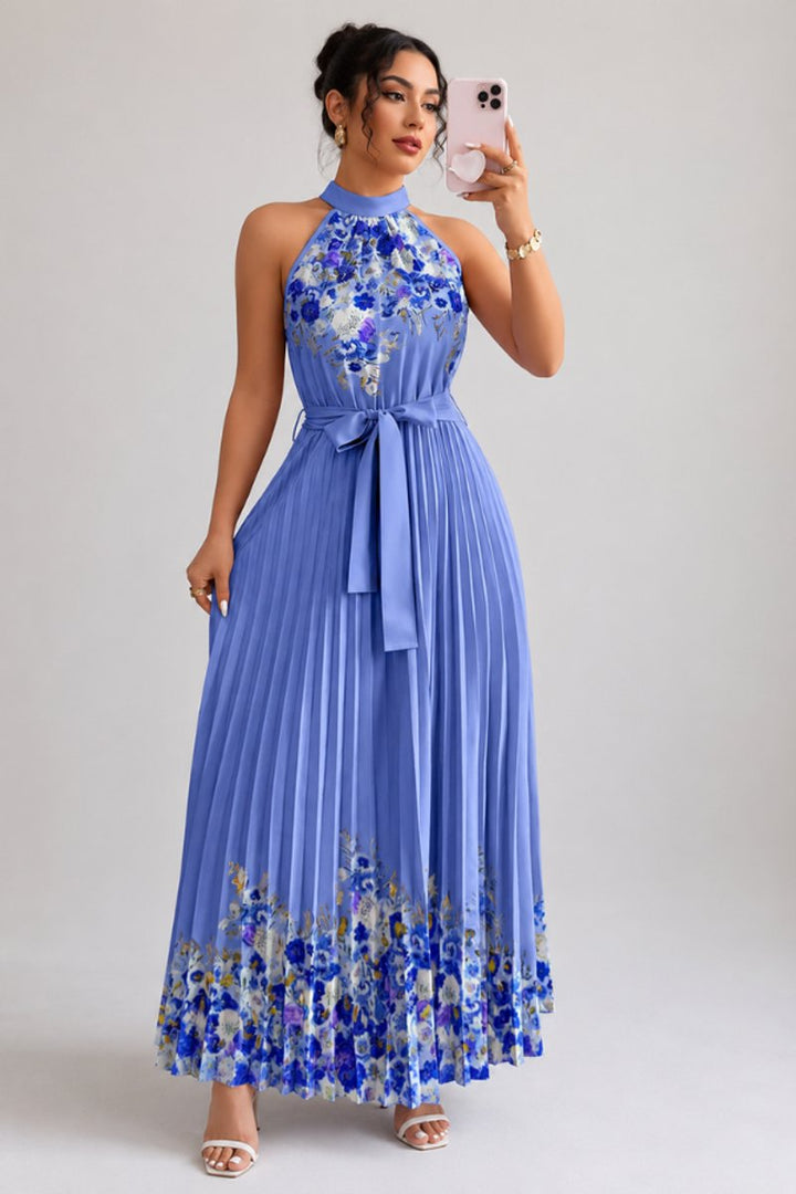 Luna | Floral Pleated Halter Evening Gown Midi Dress in product view 7