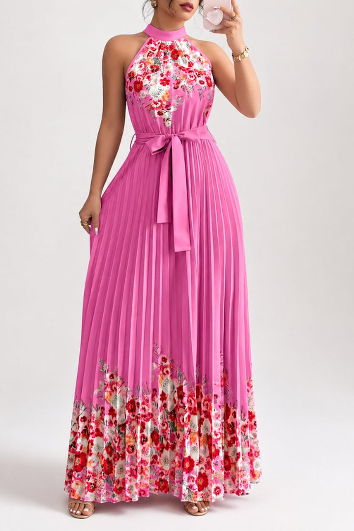 Luna | Floral Pleated Halter Evening Gown Midi Dress in product view 9