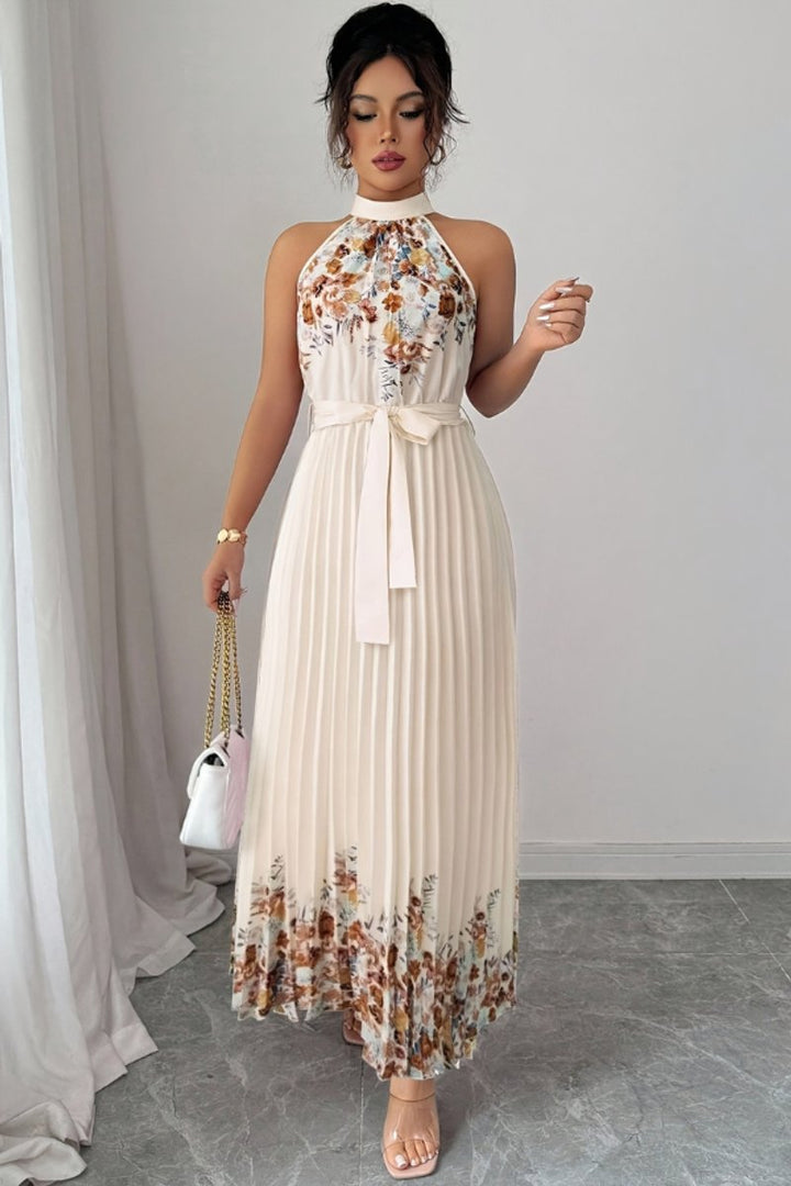 Luna | Floral Pleated Halter Evening Gown Midi Dress in product view 10