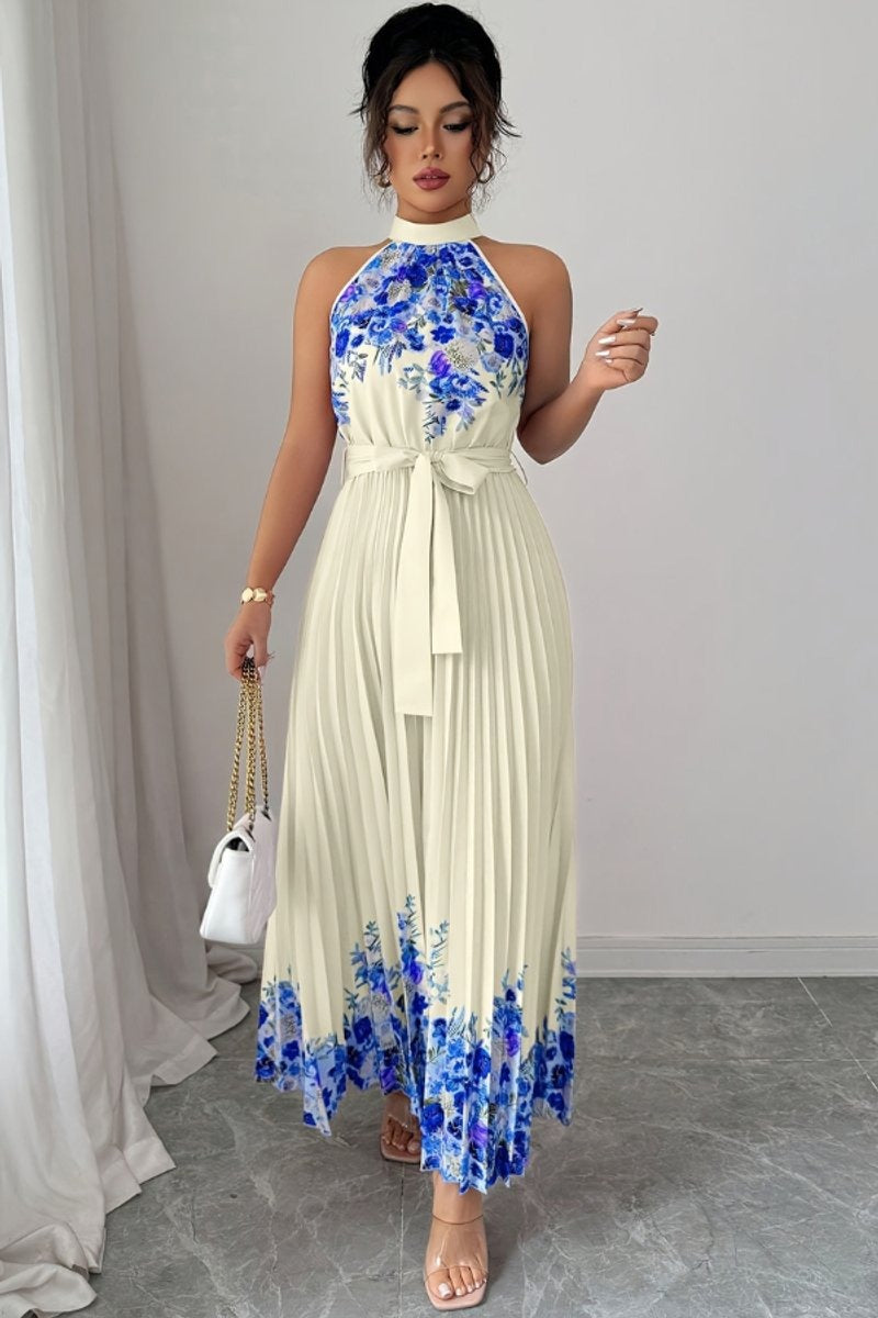 Luna | Floral Pleated Halter Evening Gown Midi Dress in product view 11