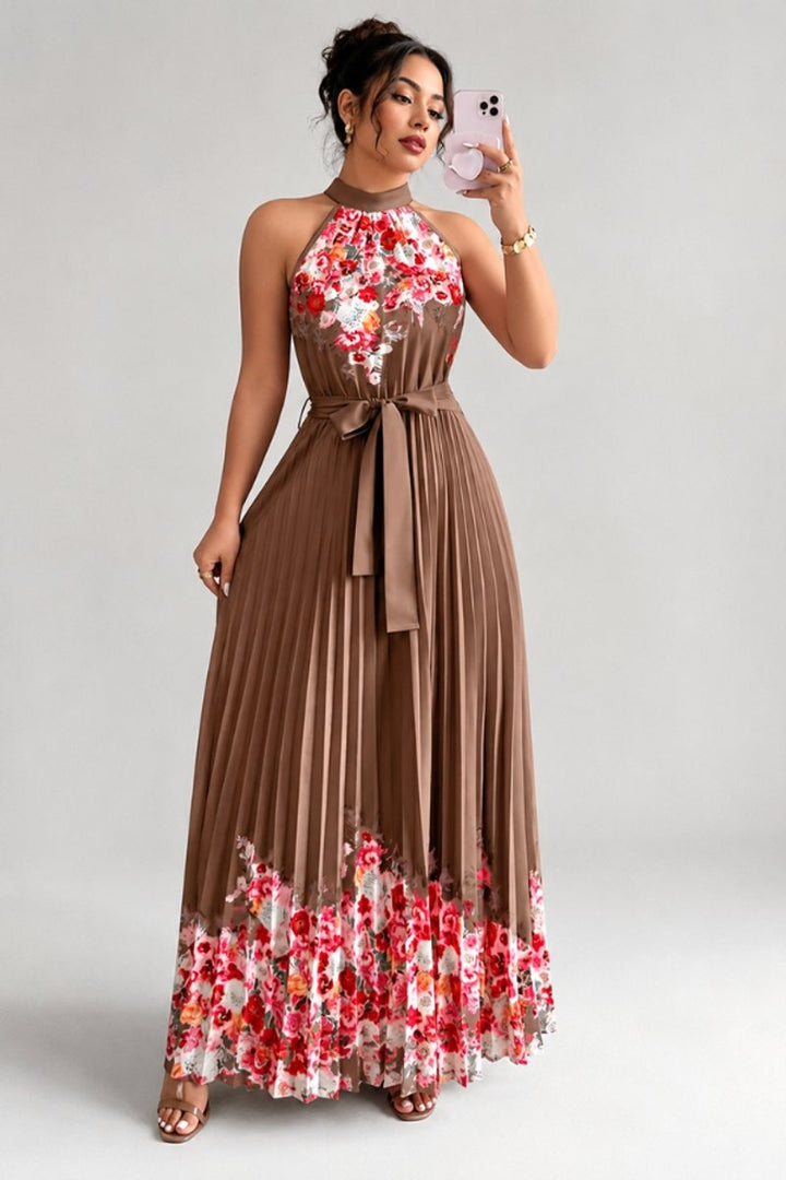 Luna | Floral Pleated Halter Evening Gown Midi Dress in product view 12
