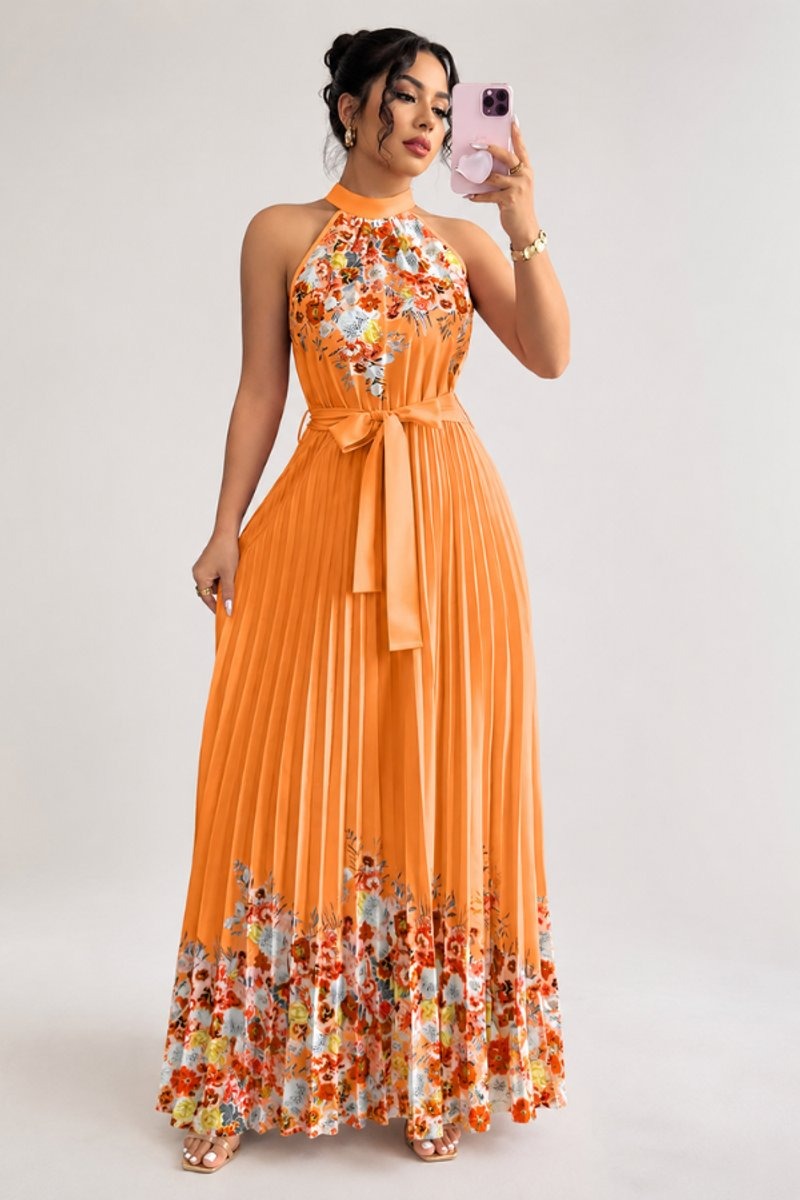 Luna | Floral Pleated Halter Evening Gown Midi Dress in product view 13