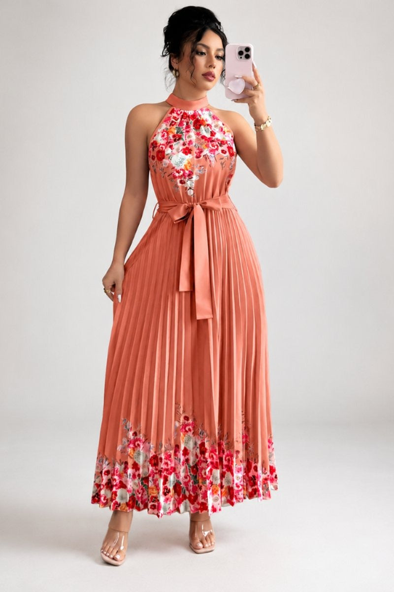 Luna | Floral Pleated Halter Evening Gown Midi Dress in product view 14
