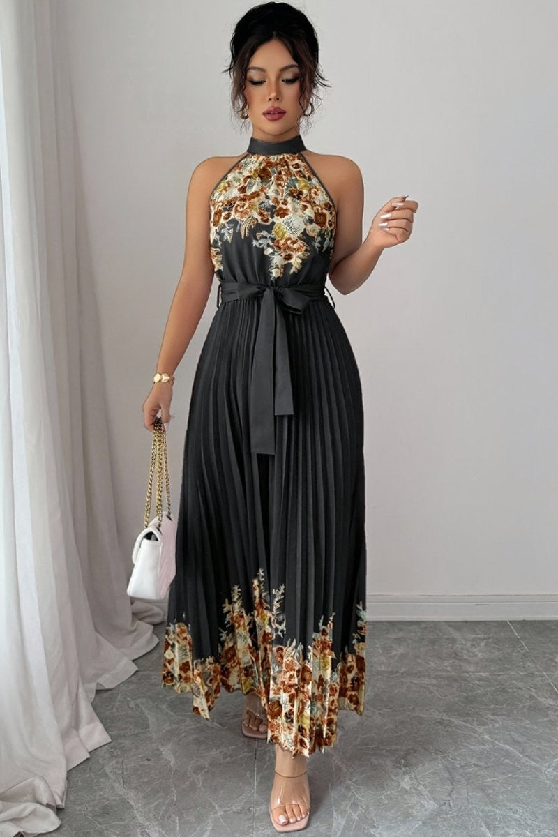 Luna | Floral Pleated Halter Evening Gown Midi Dress in product view 15