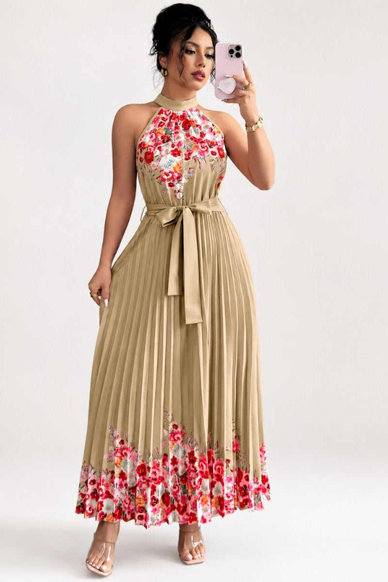 Luna | Floral Pleated Halter Evening Gown Midi Dress in product view 16