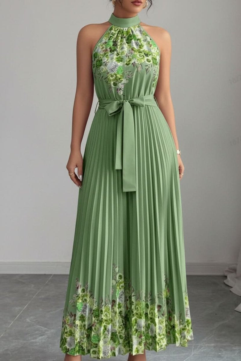 Luna | Floral Pleated Halter Evening Gown Midi Dress in product view 17