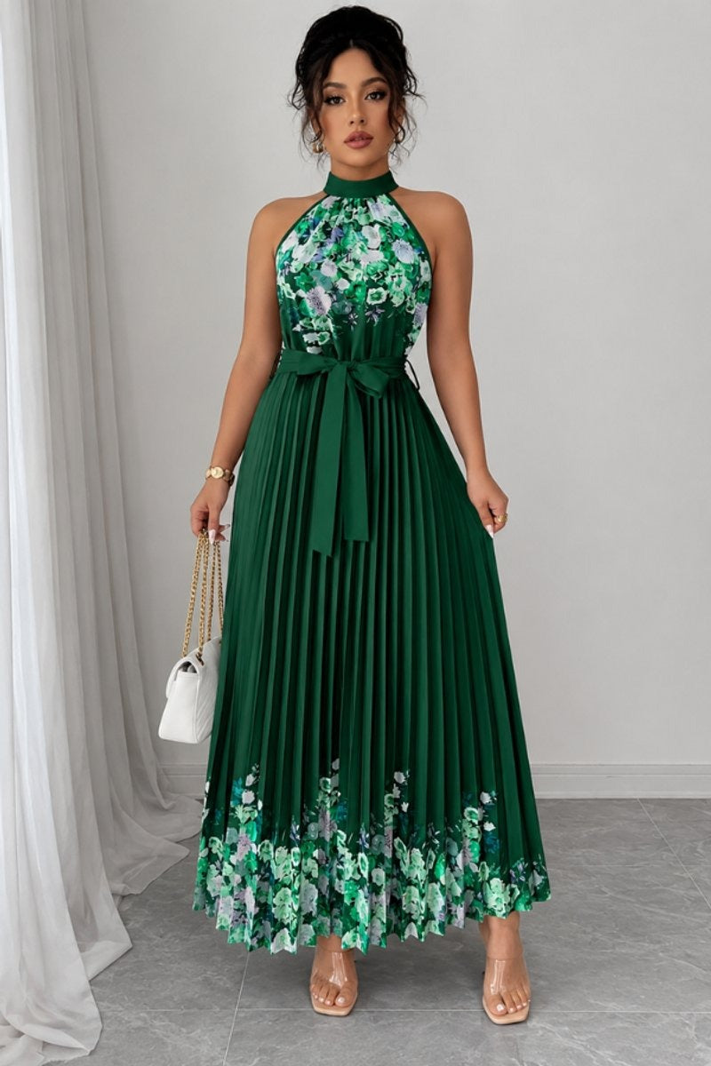 Luna | Floral Pleated Halter Evening Gown Midi Dress in product view 18
