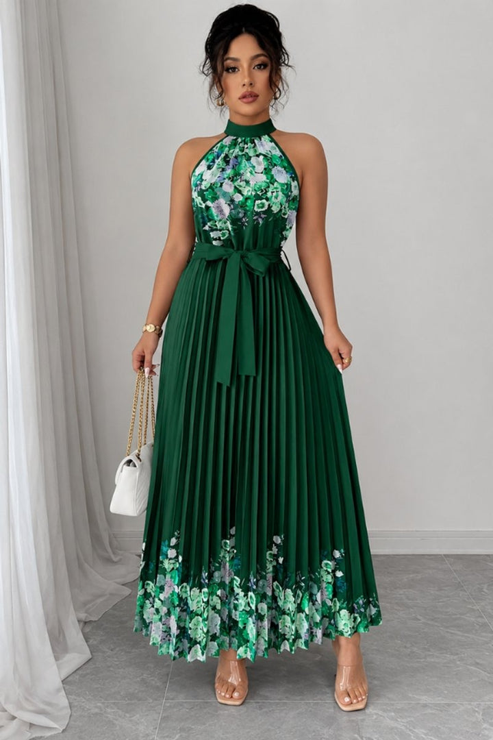 Luna | Floral Pleated Halter Evening Gown Midi Dress in product view 18