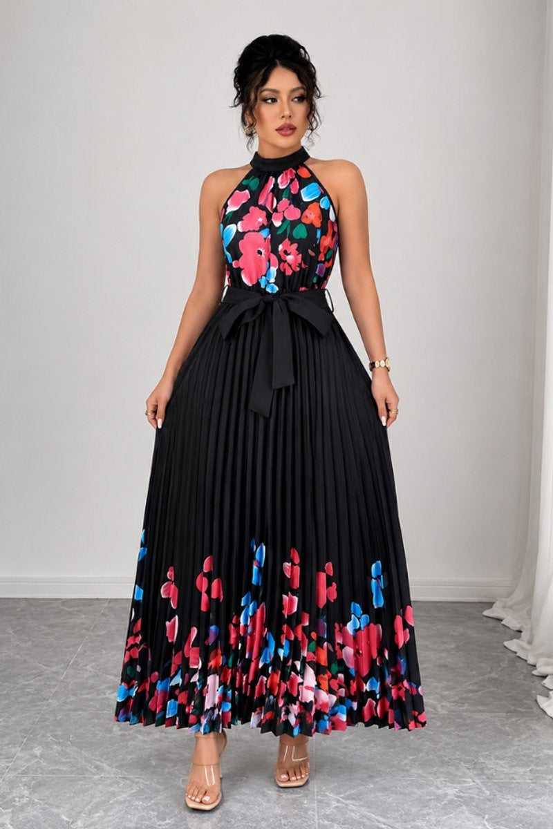Luna | Floral Pleated Halter Evening Gown Midi Dress in product view 19