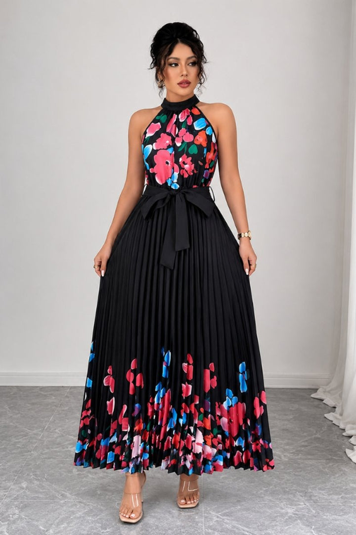 Luna | Floral Pleated Halter Evening Gown Midi Dress in product view 19