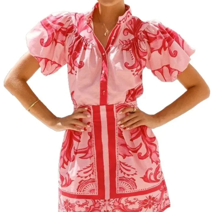 Aria | Floral Print Puff Sleeve V-Neck Set in product view 8