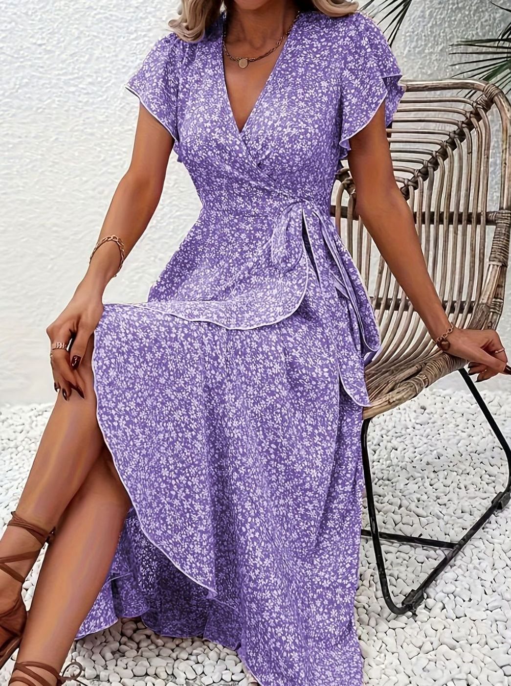 Amelia | Floral Wrap Maxi Dress Ruffle V-Neck, Purple in product view 1