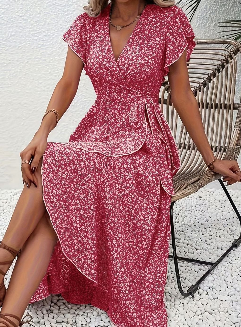 Amelia | Floral Wrap Maxi Dress Ruffle V-Neck, Purple in product view 2