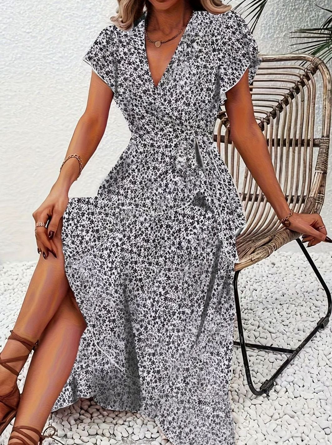 Amelia | Floral Wrap Maxi Dress Ruffle V-Neck, Purple in product view 4