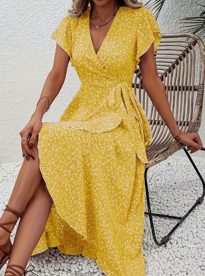 Amelia | Floral Wrap Maxi Dress Ruffle V-Neck, Purple in product view 5