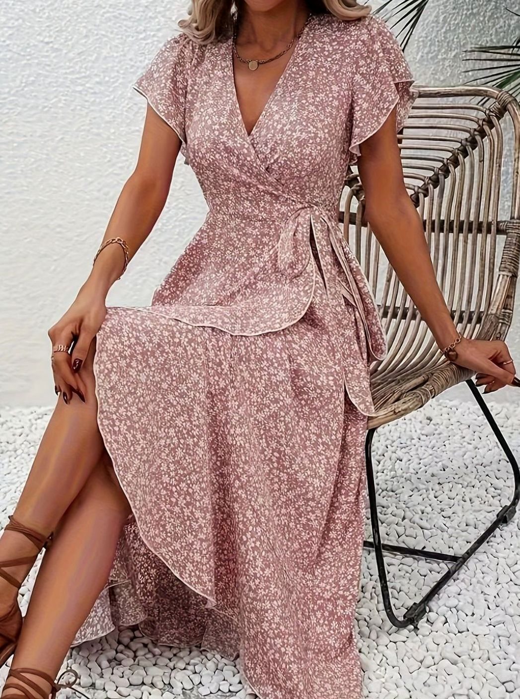 Amelia | Floral Wrap Maxi Dress Ruffle V-Neck, Purple in product view 10