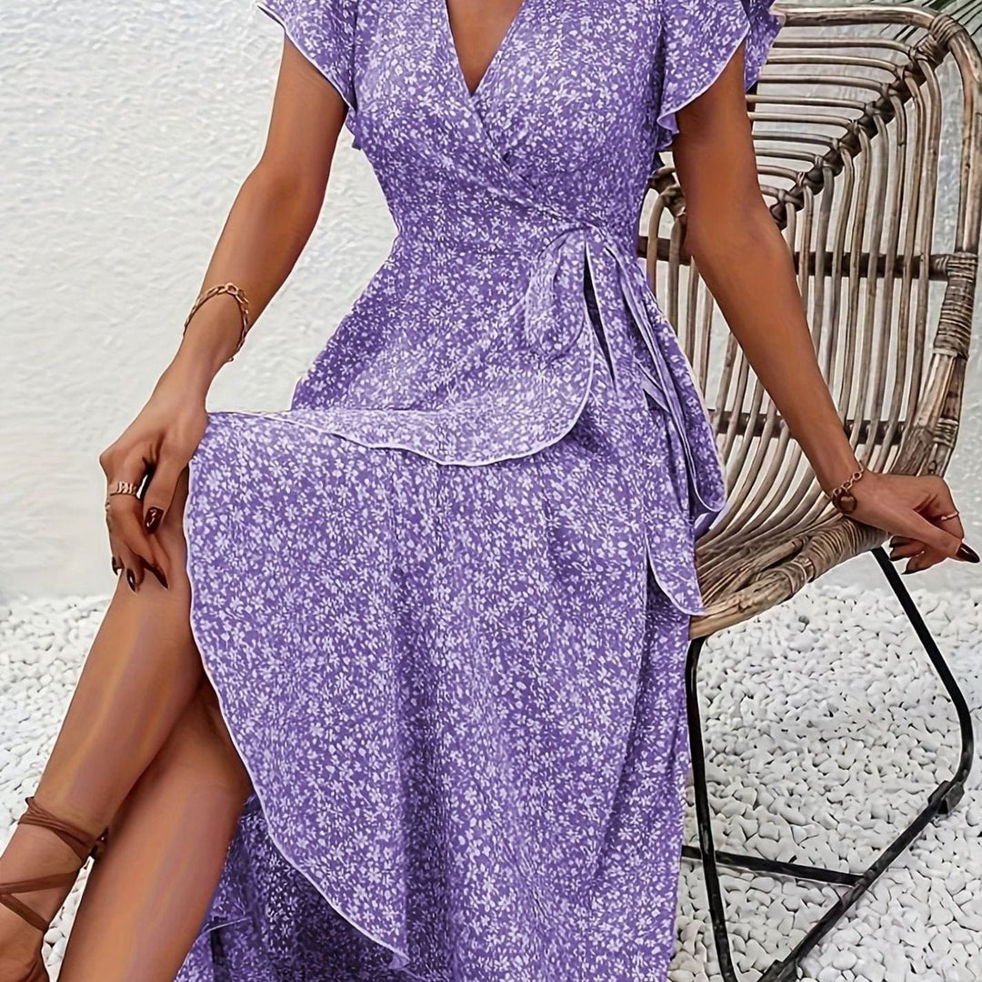 Amelia | Floral Wrap Maxi Dress Ruffle V-Neck, Purple in product view 17