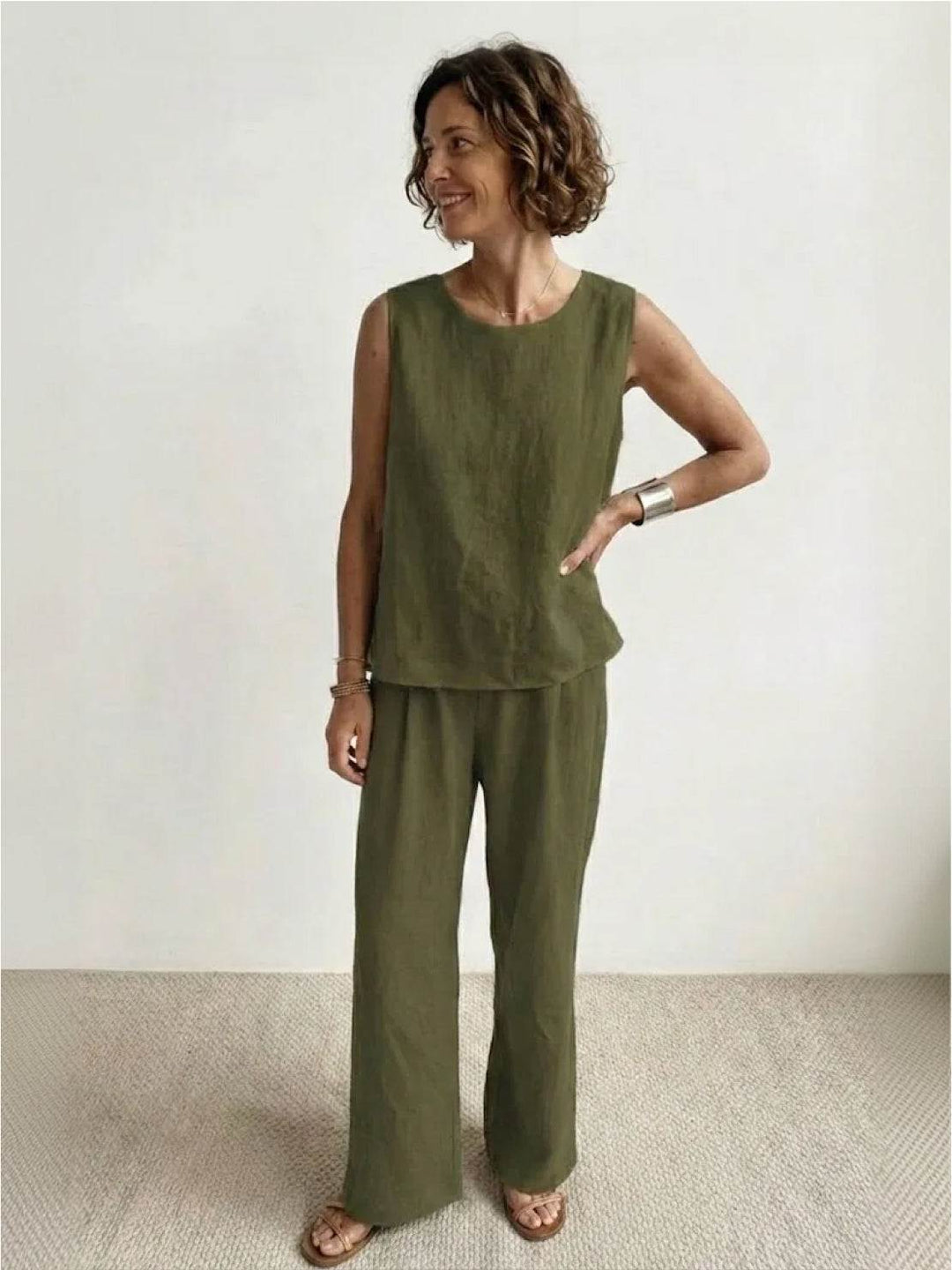 Sage | Linen Sleeveless Top Wide Leg Pants Two-Piece Set in product view 1