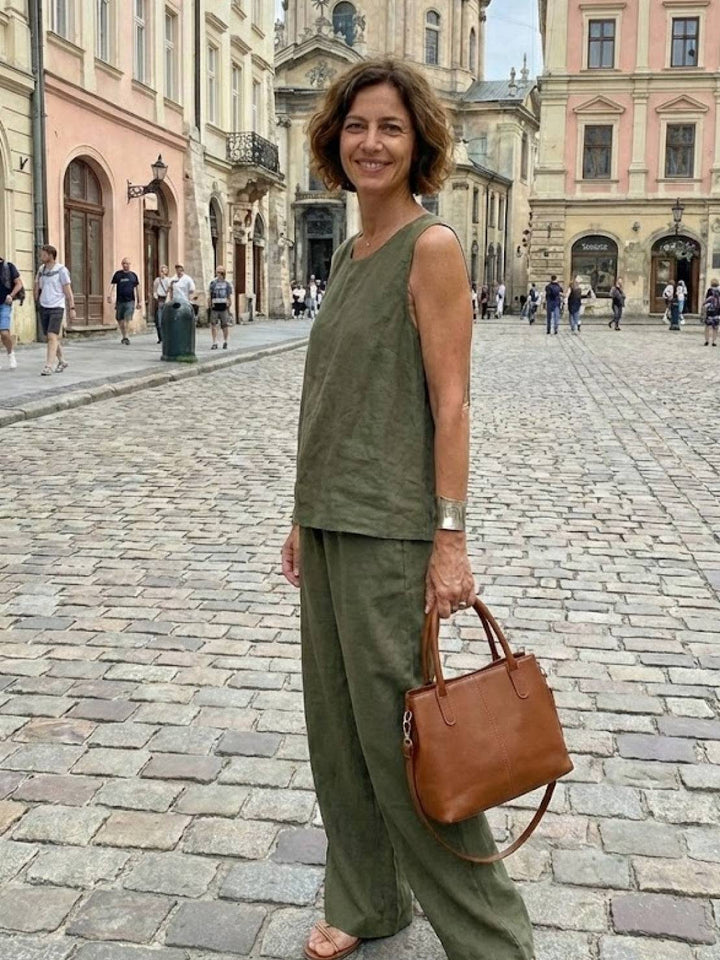 Sage | Linen Sleeveless Top Wide Leg Pants Two-Piece Set in product view 2
