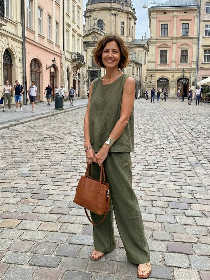 Sage | Linen Sleeveless Top Wide Leg Pants Two-Piece Set in product view 3