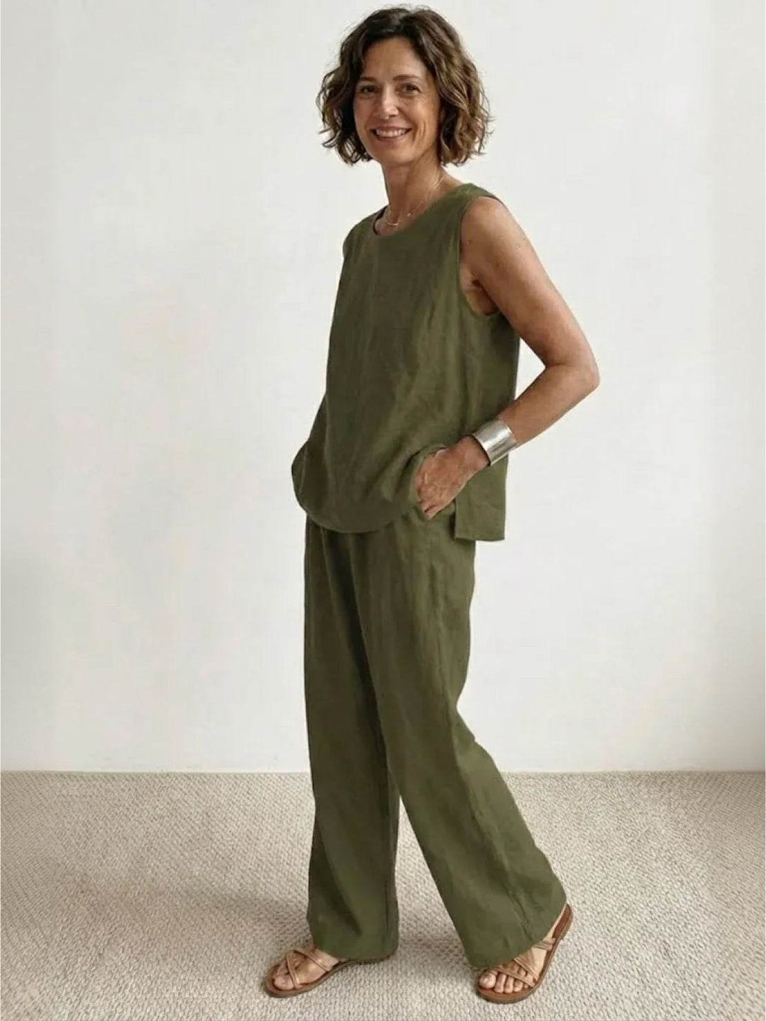 Sage | Linen Sleeveless Top Wide Leg Pants Two-Piece Set in product view 4
