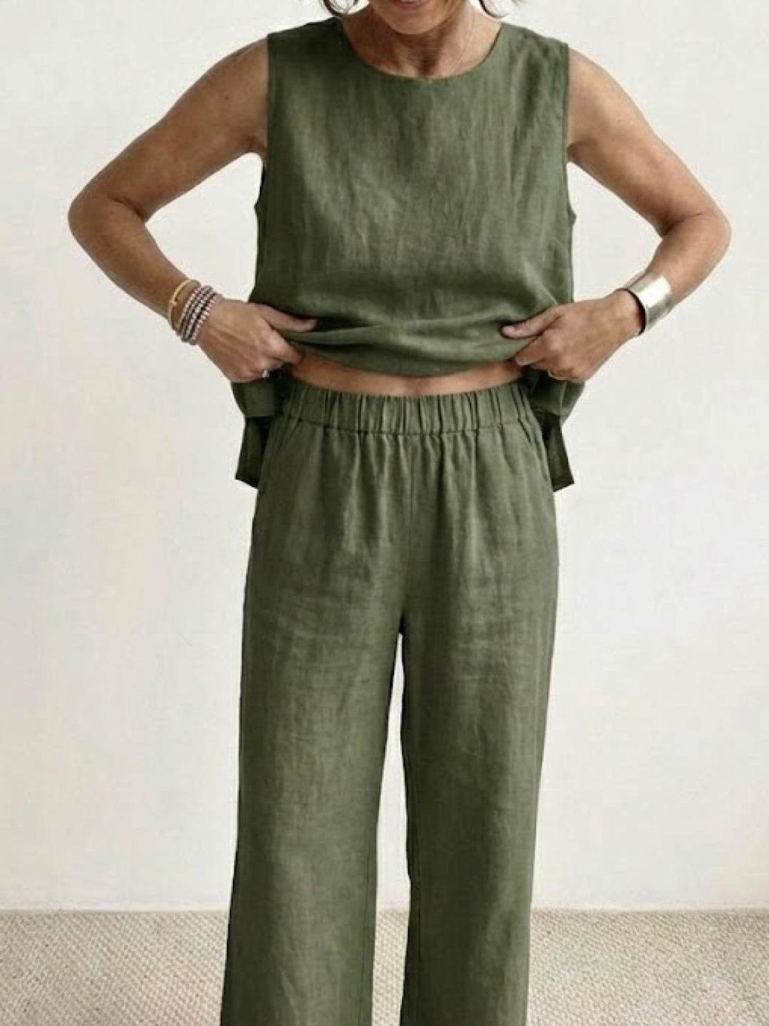 Sage | Linen Sleeveless Top Wide Leg Pants Two-Piece Set in product view 5