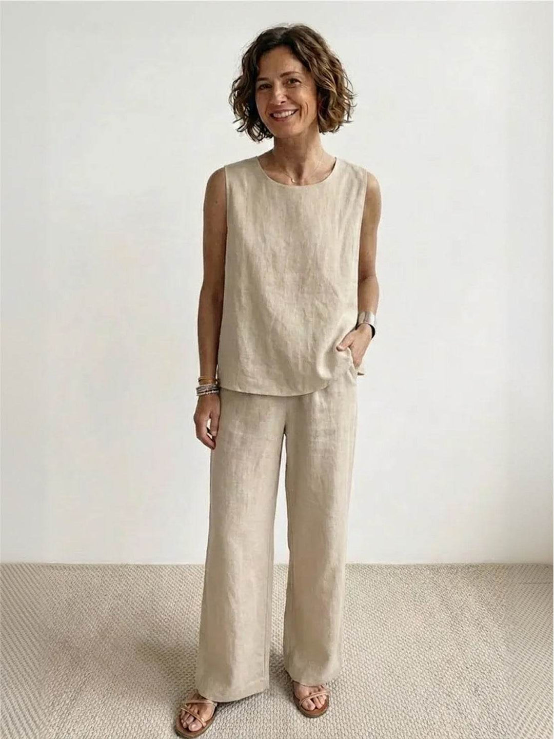 Sage | Linen Sleeveless Top Wide Leg Pants Two-Piece Set in product view 7