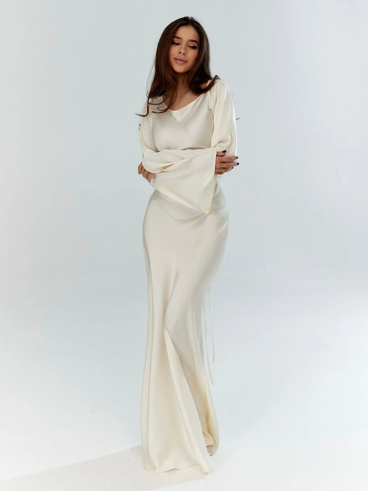 Pharia | Long Sleeve Satin Cowl Neck Maxi Dress in product view 1