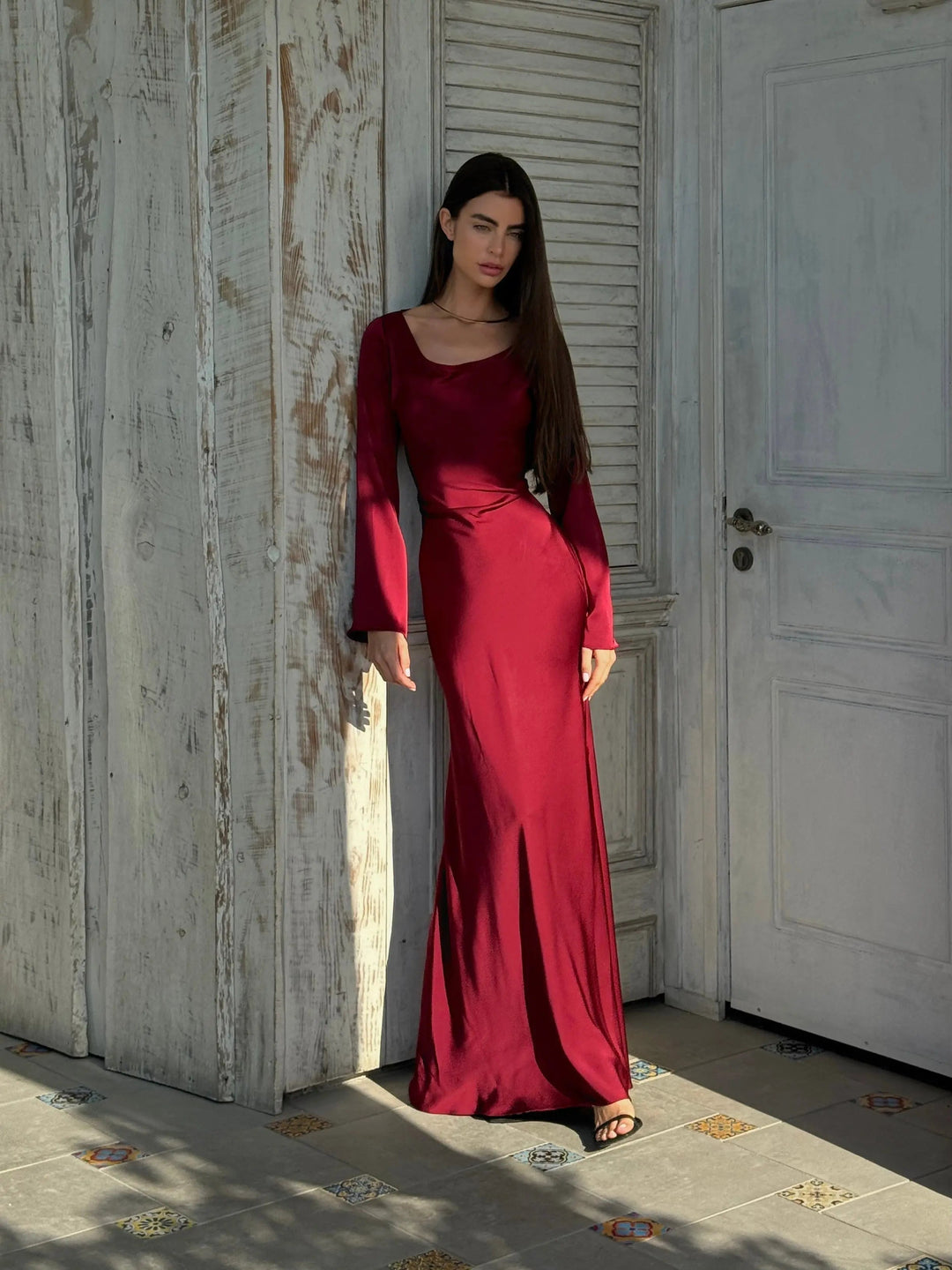 Pharia | Long Sleeve Satin Cowl Neck Maxi Dress in product view 5