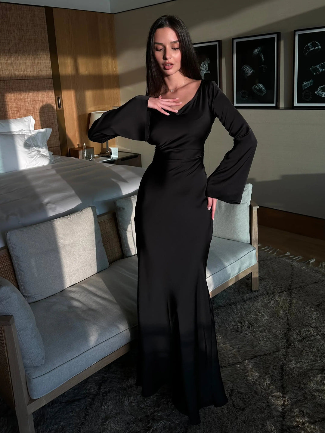 Pharia | Long Sleeve Satin Cowl Neck Maxi Dress in product view 8