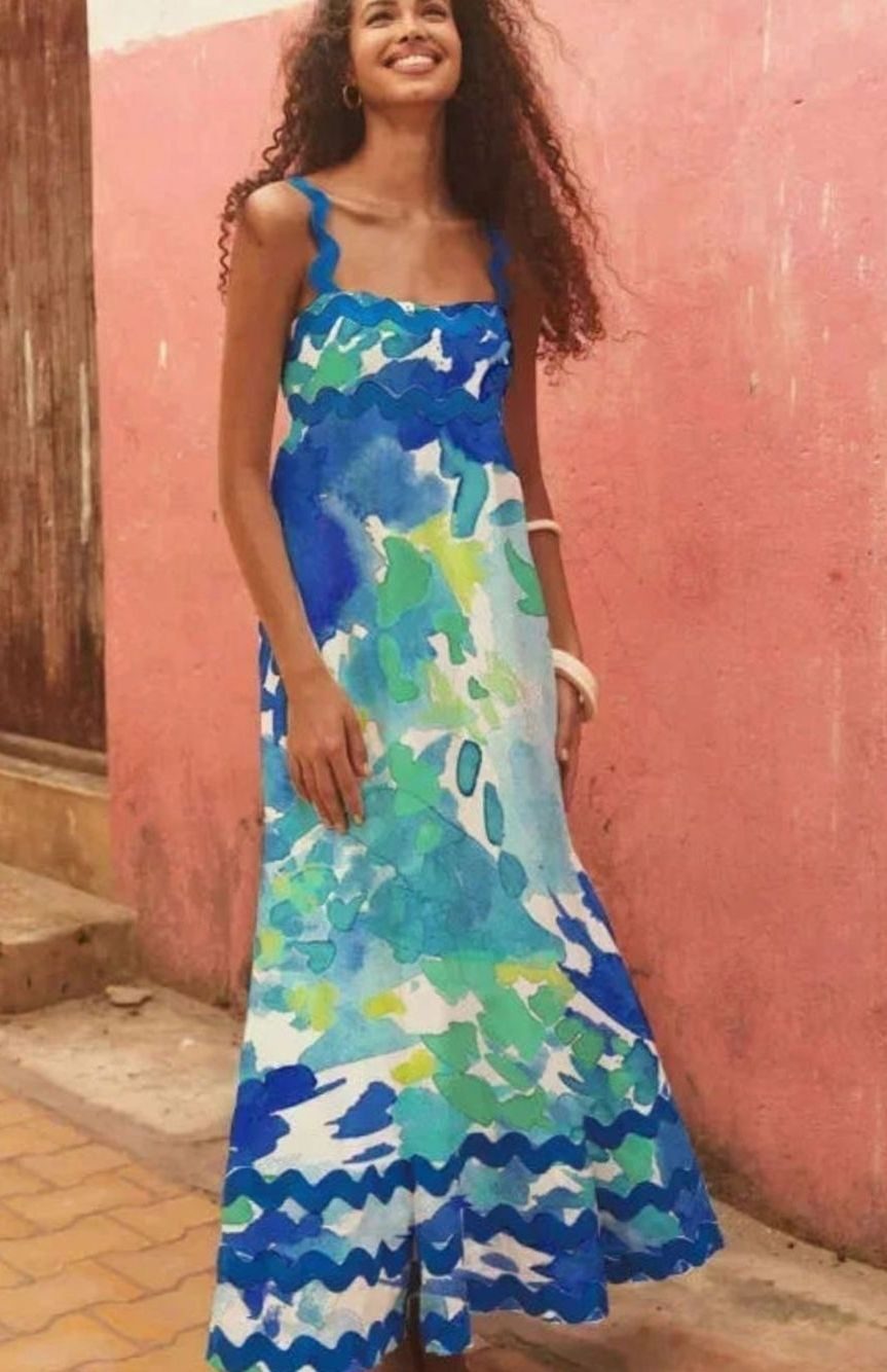 Aria | Long Sleeveless Maxi Dress Wavy Trim Detail in product view 11