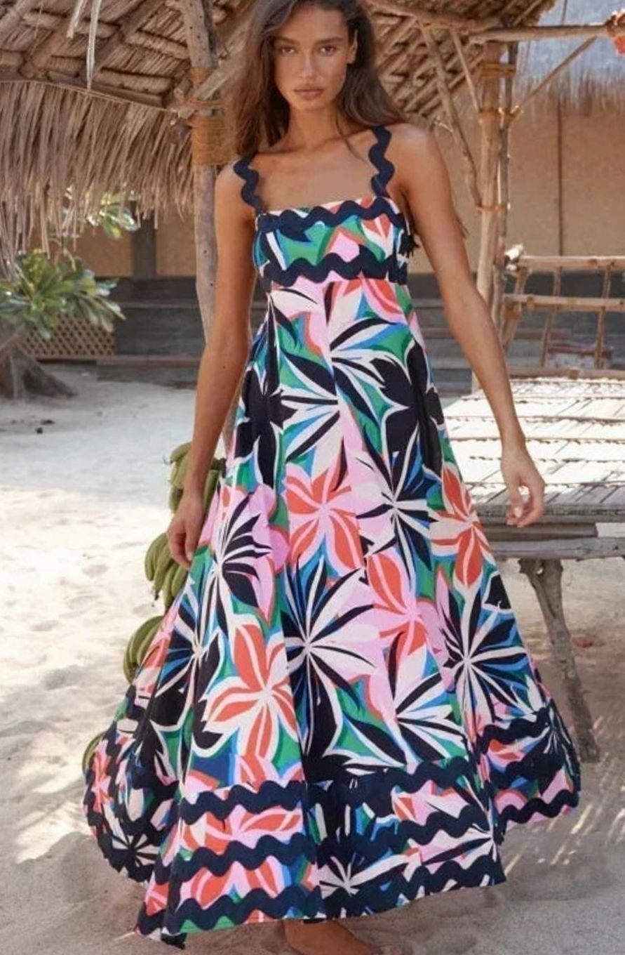 Aria | Long Sleeveless Maxi Dress Wavy Trim Detail in product view 12