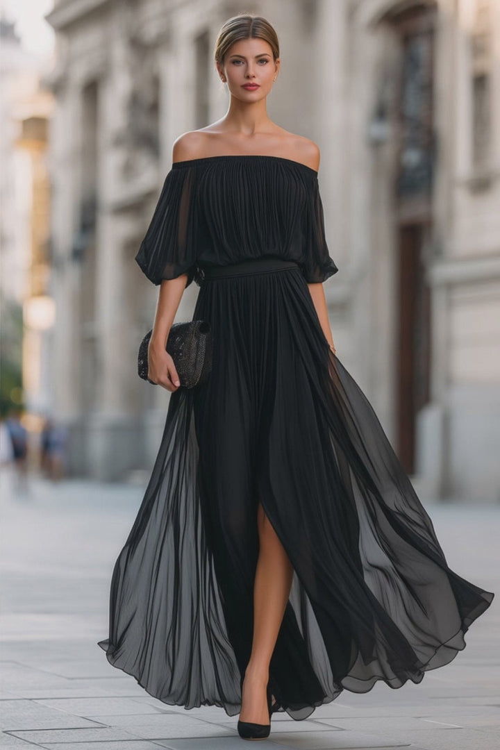 Margot pleated chiffon off-shoulder maxi dress, front view