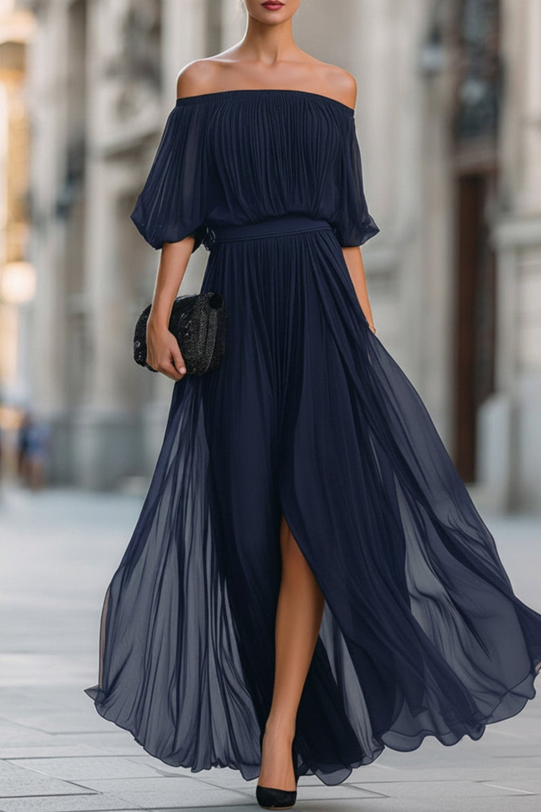 Margot maxi dress, off-shoulder bardot neckline detail